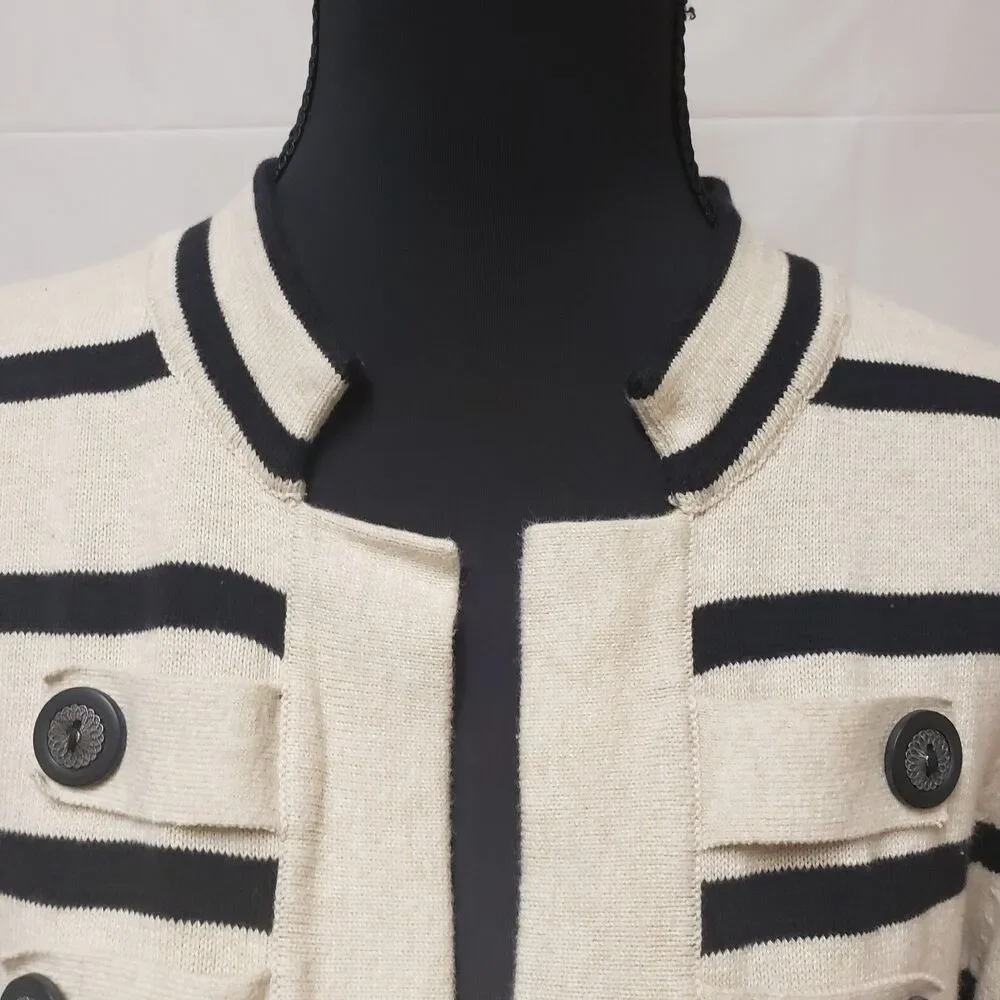 Christopher & Banks Double Breasted Knit Oatmeal Black Stripes Cardigan L NWOT